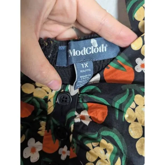 Modcloth Black & Orange fruit floral fit flare retro cotton midi dress 1X - Picture 5 of 7